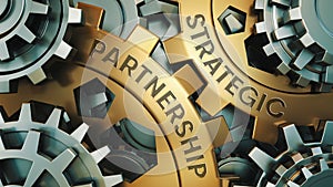 STRATEGIC PARTNERSHIP concept. Gold and silver gear wheel background illustration. 3d render photo