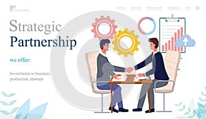 Strategic partnership website template. Business meeting of partners, agreement, handshake