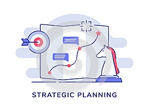 Strategic planning route pointer map background of piece chess horse arrow target with flat outline style