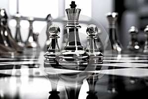 Strategic Standoff: Abstract Chess Pieces on Glossy Chessboard