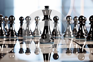 Strategic Standoff: Abstract Chess Pieces on Glossy Chessboard
