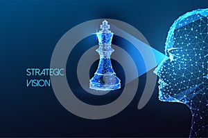 Strategic vision, leadership business strategy futuristic concept with human face and chess piece