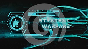 Strategic Warfare inscription on black background. Graphic presentation with neon sensors and symbol of soldier with gun
