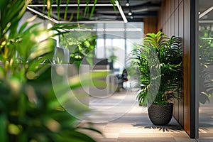 Strategically placed indoor plants create inviting office plantscape background