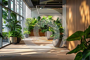 Strategically placed indoor plants create inviting office plantscape background