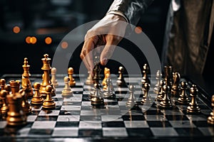 Strategists hand plays chess, using metaphor to plan business moves with precision photo