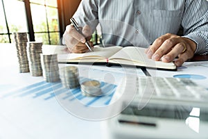 Working business man, team of broker or traders talking about forex on multiple computer screens of stock market invest trading photo