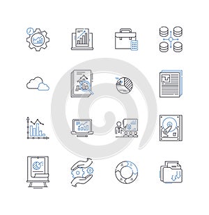 Strategy business line icons collection. Planning, Analysis, Implementation, Tactics, Management, Leadership