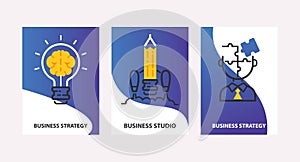 Strategy concept vector illustration. Business strategy, studio set of cards. Light bulb with brain. Good idea icon