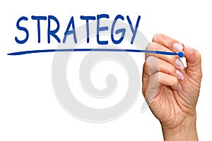 Strategy - female hand writing text on white background