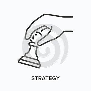 Strategy flat line icon. Vector outline illustration of pawn and hand. Black thin linear pictogram for chess competition