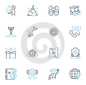 Strategy formulation linear icons set. Analysis, Planning, Tactics, Vision, Execution, Goals, Alignment line vector and