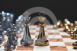 Strategy of leadership as king facing each other in wooden chess board in checkmate position. Business marketing of competition