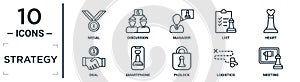 strategy linear icon set. includes thin line medal, manager, heart, smartphone, logistics, meeting, deal icons for report,