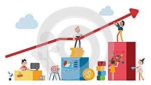 Strategy of long term planning vector illustration. Businessman building up analyzing project financial report and successful