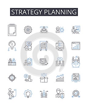 Strategy planning line icons collection. Goal setting, Action plan, Idea generating, Project mapping, Task scheduling