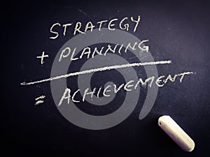 strategy plus planning equally achievement equation displayed on white text