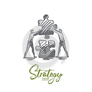 Strategy, puzzle, business, teamwork, success concept. Hand drawn isolated vector.