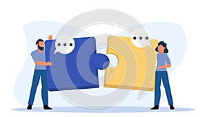 Strategy puzzle person success teamwork vector business illustration. Together connect piece jigsaw idea. Concept building office