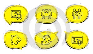 Strategy, Seo certificate and Love couple icons set. Employees teamwork sign. Puzzle, Statistics, Lovers. Vector