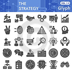 Strategy solid icon set, business symbols collection or sketches. Finance signs for web, glyph style pictogram package