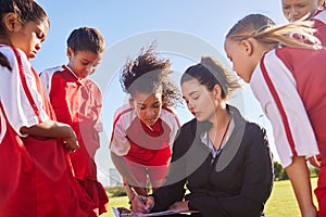 Strategy, sports or coach with children for soccer planning, training or fitness goal in Canada. Team building, teamwork