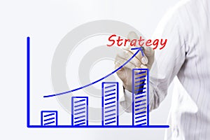 Strategy text with hand of young businessman point on virtual g