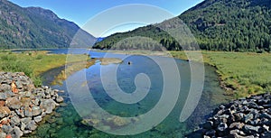 Strathcona Provincial Park Landscape Panorama of Buttle Lake and Mountains, Vancouver Island, British Columbia