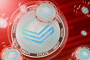 Stratis crash, bubble. Stratis STRAT cryptocurrency coins in a bubbles on the binary code background