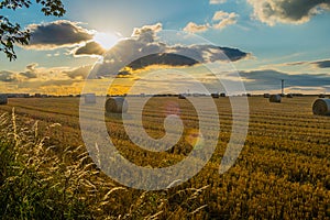 straw bales in a field at sunset with lens flare from sun