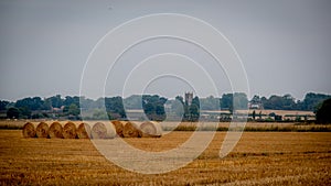 Straw bales in a field under a threatening sky.