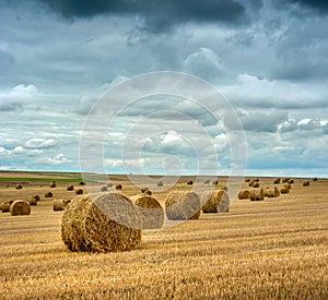 Straw bales of hay in the stubble field under a blue sky with clouds