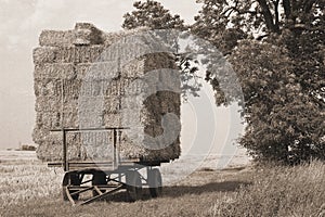 Straw bales, sepia, vintage photograph look.