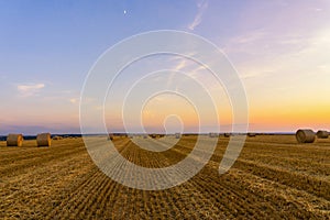 Straw bales stacked in a field at sunset time