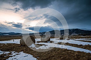 Straw bales on winter field.