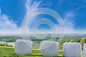 Straw bales wrapped in plastic