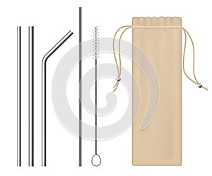 Straw bar equipment. Realistic stainless steel bio straws, beverage pipes tools kit, canvas bag packaging, cleaning