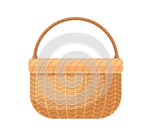 Straw basket with braided woven handle. Realistic wicker without lid. Empty basketwork for storage. Handmade wickerwork