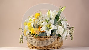 Straw basket with flowers, lilies and daisies, white and yellow with copy space. Generative AI