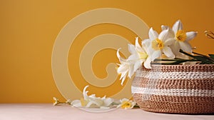 Straw basket with flowers, lilies and daisies, white and yellow with copy space. Generative AI