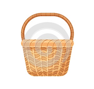 Straw basket with woven handle. Empty wicker without lid. Realistic basketwork for storage. Handmade natural wickerwork