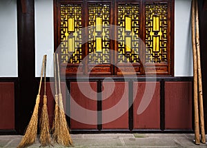 Straw Brooms Wall Windows Buddhist Temple China