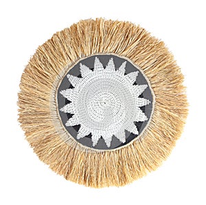 Straw carpet round decor isolated on white background. Details of modern boho, bohemian, scandinavian and minimal style