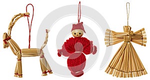 Straw Christmas Hanging Decoration, Xmas Hang Toys Set, Isolated