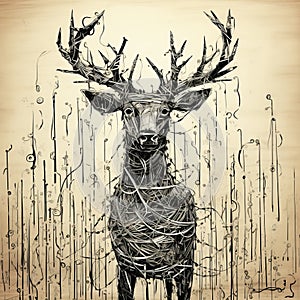 Straw Deer: Surrealist Illustration With Chiaroscuro Woodcut Style