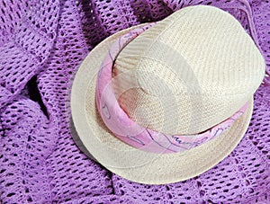 Straw Fedora with Pink Bandanna on Purple Knit Sweater