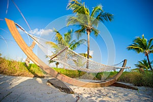 Straw hammock in the shadow of palm on tropical