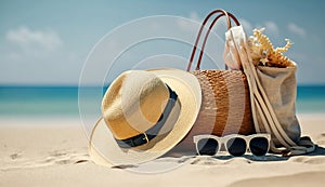 Straw hat, bag, sun glasses and flip flops on a tropical beach, Generative Ai