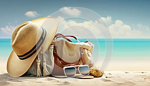 Straw hat, bag, sun glasses and flip flops on a tropical beach, Generative Ai