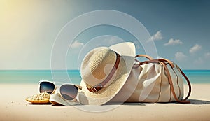 Straw hat, bag, sun glasses and flip flops on a tropical beach, Generative Ai
